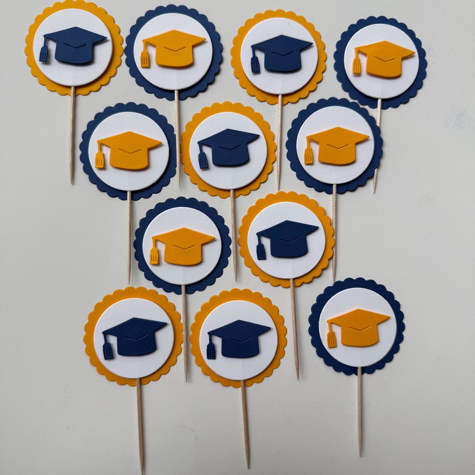 Navy and gold graduate cupcake topper, Graduation cap cupcake pick, Berkeley graduation decoration, University of Michigan graduate decor