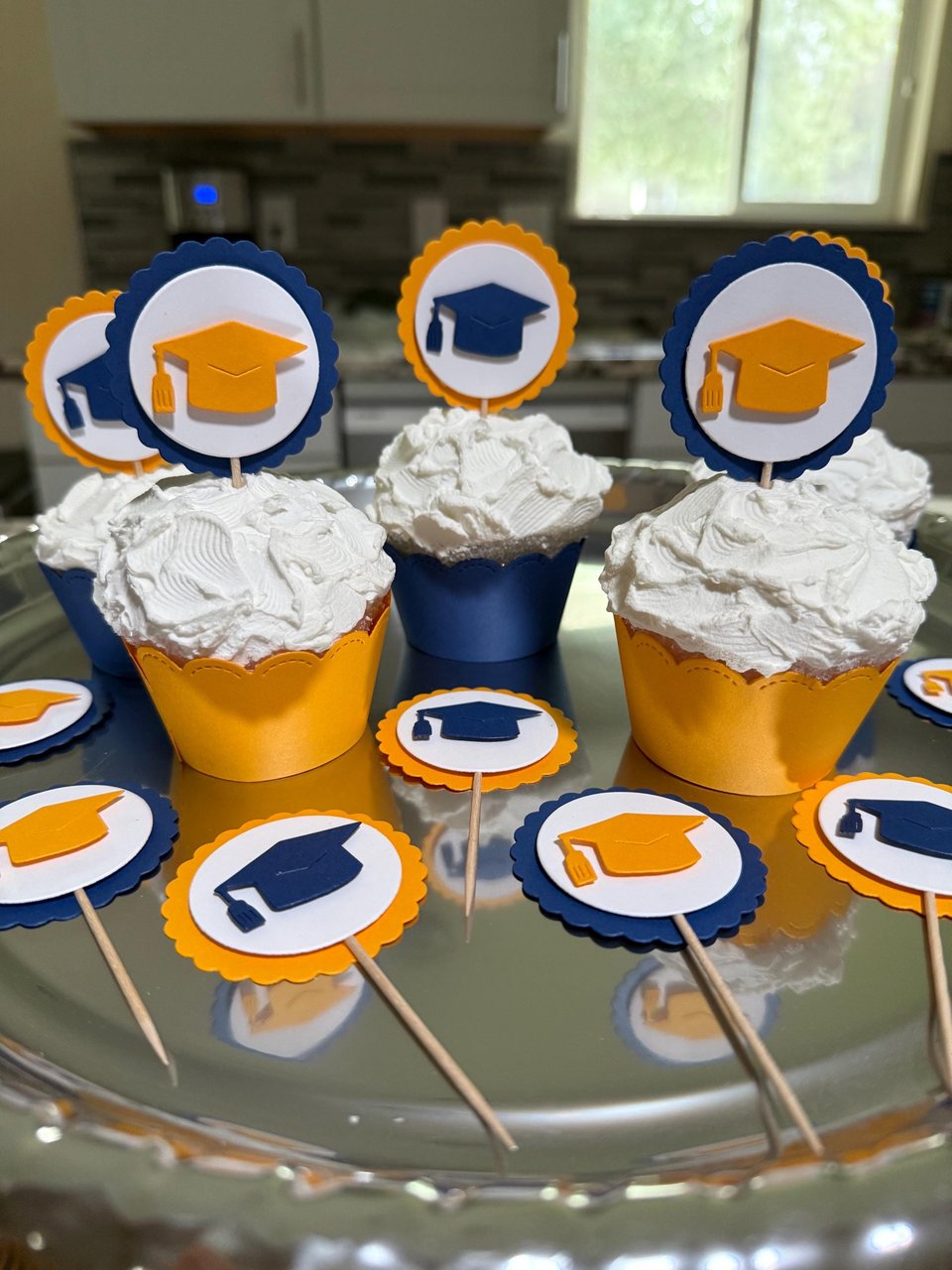 Navy and gold graduate cupcake topper, Graduation cap cupcake pick, Berkeley graduation decoration, University of Michigan graduate decor