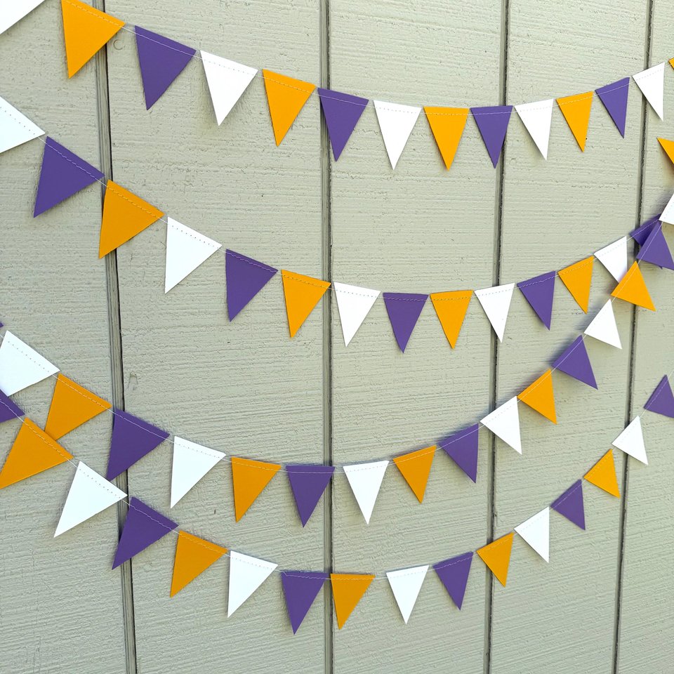 Purple Gold White Pennant Flag Garland, Graduation Decoration, Bed Party, Dorm Decor, LSU, University of Washington, ECU, Western Illinois