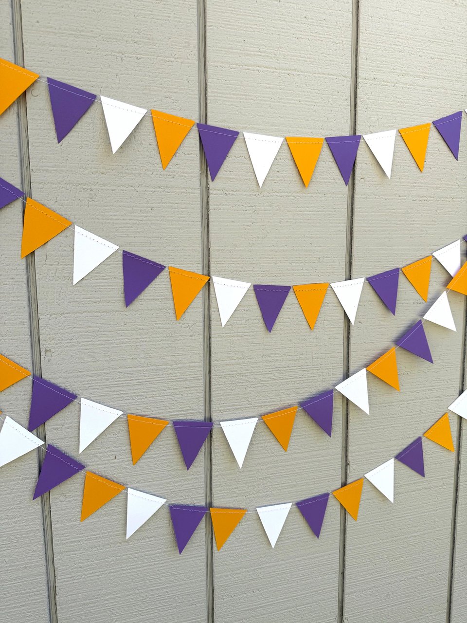 Purple Gold White Pennant Flag Garland, Graduation Decoration, Bed Party, Dorm Decor, LSU, University of Washington, ECU, Western Illinois