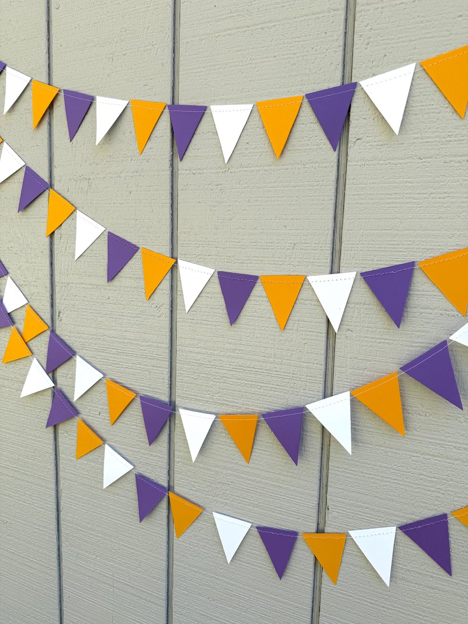Purple Gold White Pennant Flag Garland, Graduation Decoration, Bed Party, Dorm Decor, LSU, University of Washington, ECU, Western Illinois