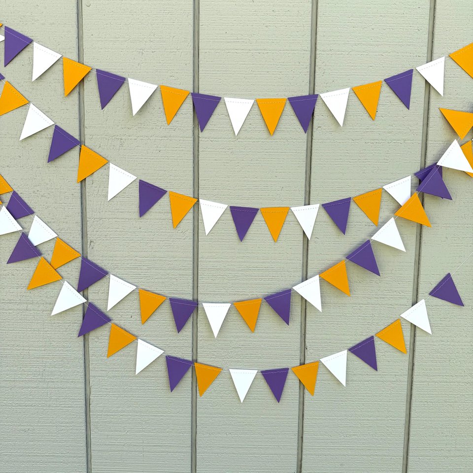 Purple Gold White Pennant Flag Garland, Graduation Decoration, Bed Party, Dorm Decor, LSU, University of Washington, ECU, Western Illinois