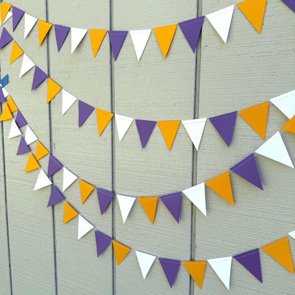 Purple Gold White Pennant Flag Garland, Graduation Decoration, Bed Party, Dorm Decor, LSU, University of Washington, ECU, Western Illinois