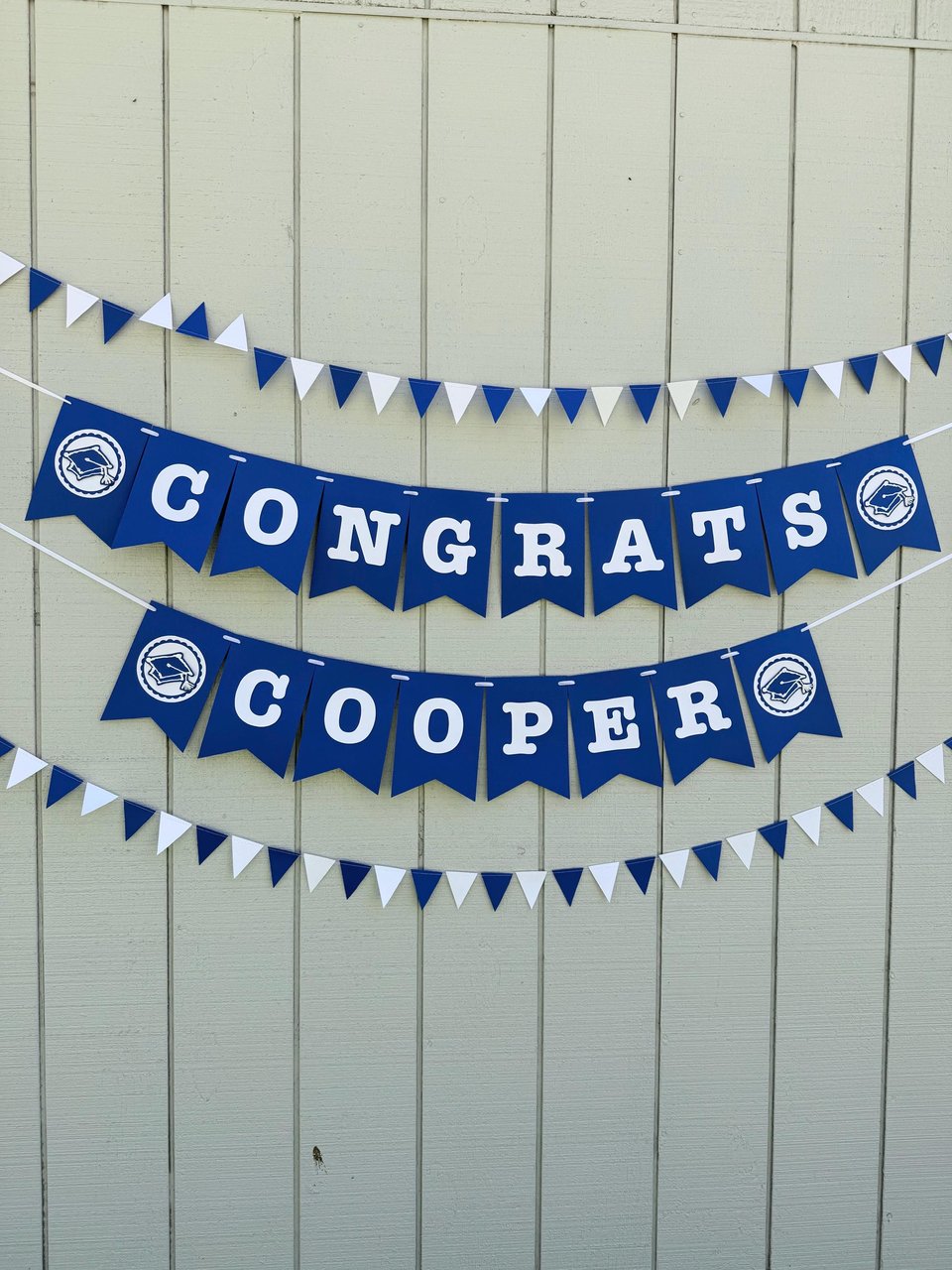 Royal blue and white graduation banner, Congrats personalized sign, Grad party decor, University of Kentucky, Buffalo, Dubuque, Saint Louis