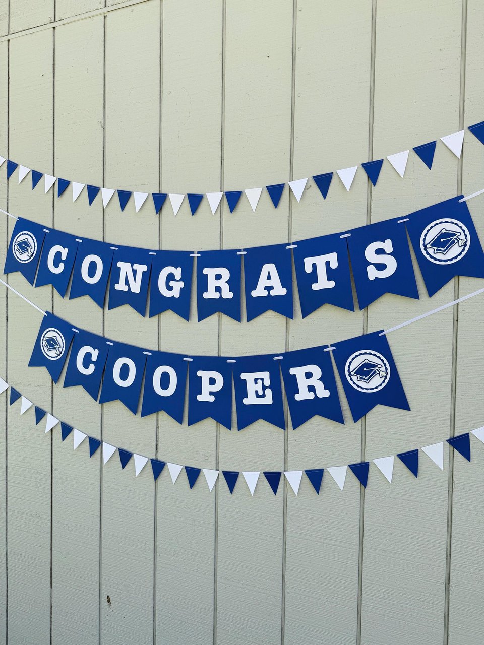Royal blue and white graduation banner, Congrats personalized sign, Grad party decor, University of Kentucky, Buffalo, Dubuque, Saint Louis