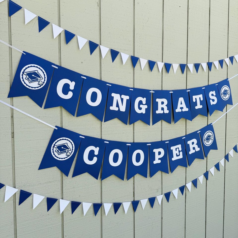 Royal blue and white graduation banner, Congrats personalized sign, Grad party decor, University of Kentucky, Buffalo, Dubuque, Saint Louis
