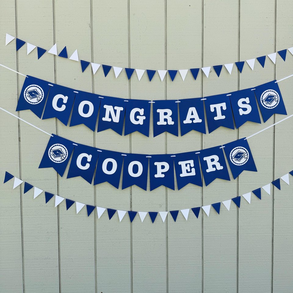 Royal blue and white graduation banner, Congrats personalized sign, Grad party decor, University of Kentucky, Buffalo, Dubuque, Saint Louis