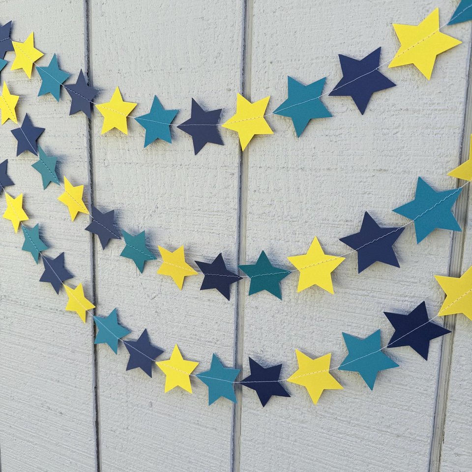 Back to School Navy Yellow and Teal Star Garland, Dorm Decoration, UNCW colors, North Carolina graduation decor, Wilmington