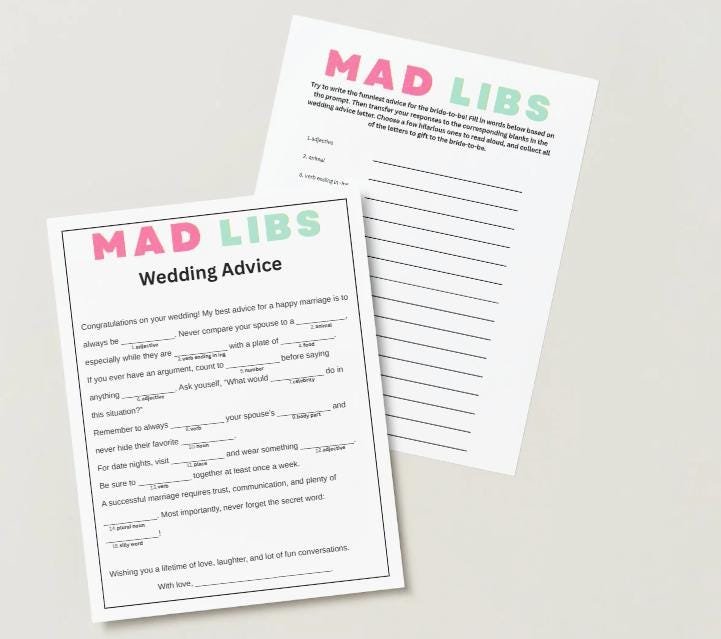 Mad Libs bridal shower game, bachelorette party game, instant pdf download, Funny wedding advice, Family wedding game