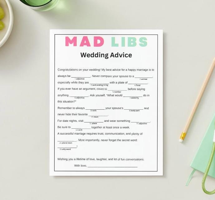 Mad Libs bridal shower game, bachelorette party game, instant pdf download, Funny wedding advice, Family wedding game