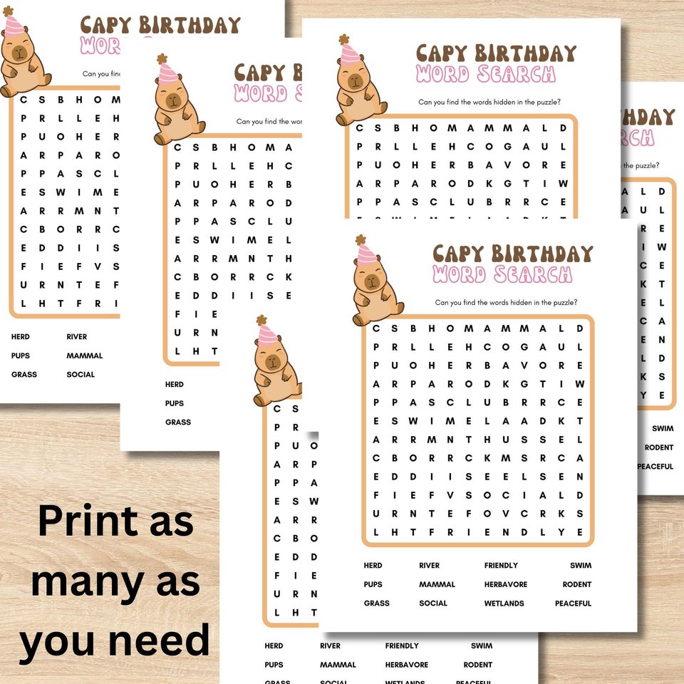 Capybara Word Search Printable Game | Capybara Party Activity for Kids | Instant Download Birthday Party Game | Animal Birthday Printable