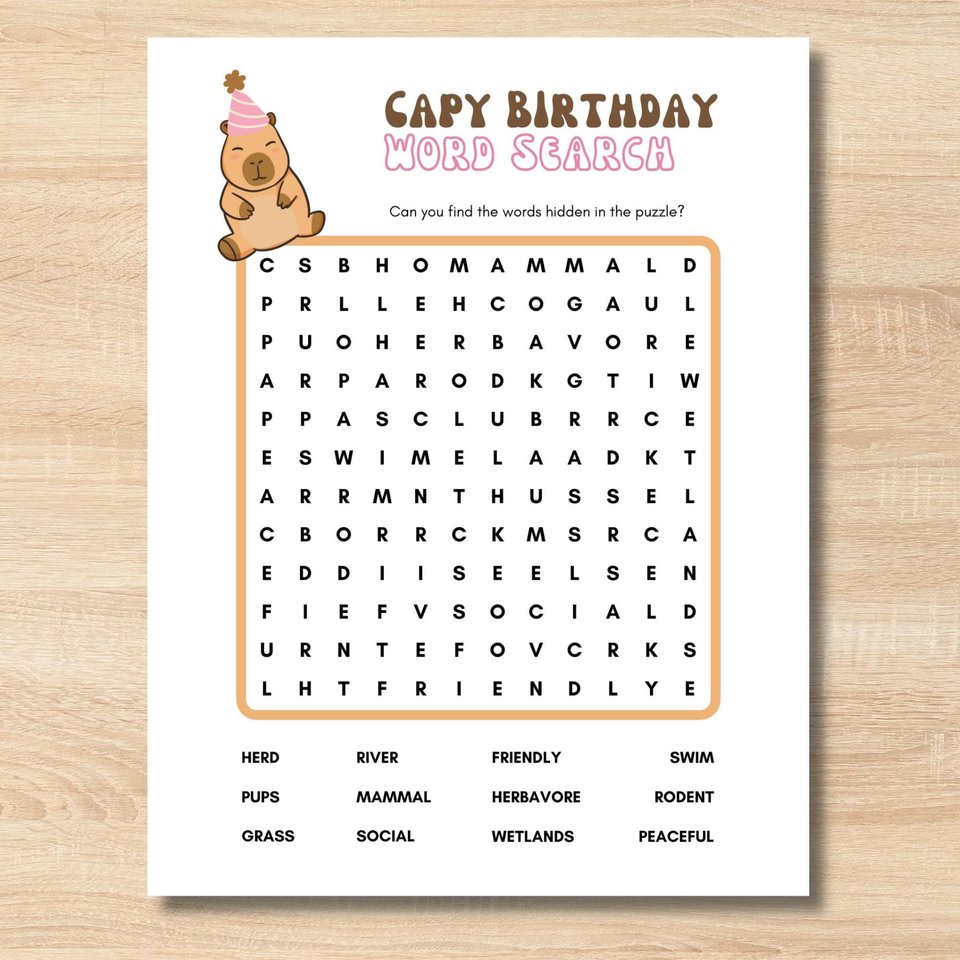 Capybara Word Search Printable Game | Capybara Party Activity for Kids | Instant Download Birthday Party Game | Animal Birthday Printable