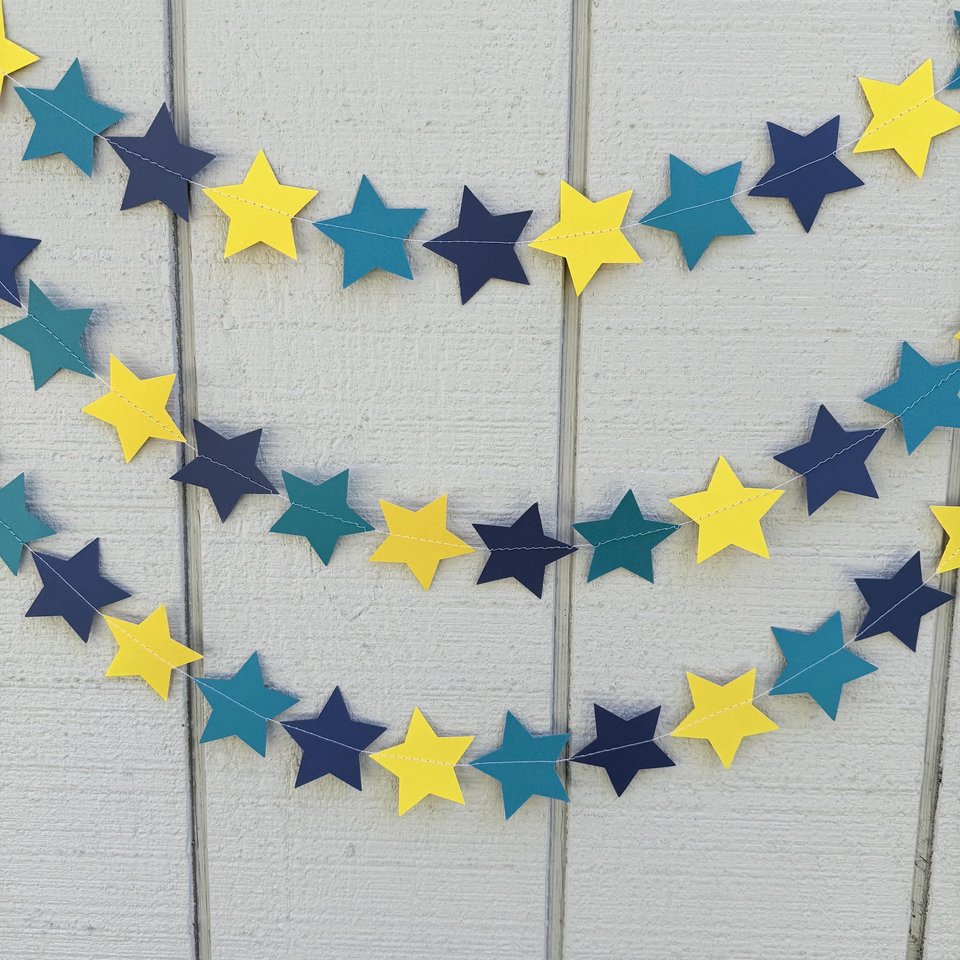 Back to School Navy Yellow and Teal Star Garland, Dorm Decoration, UNCW colors, North Carolina graduation decor, Wilmington