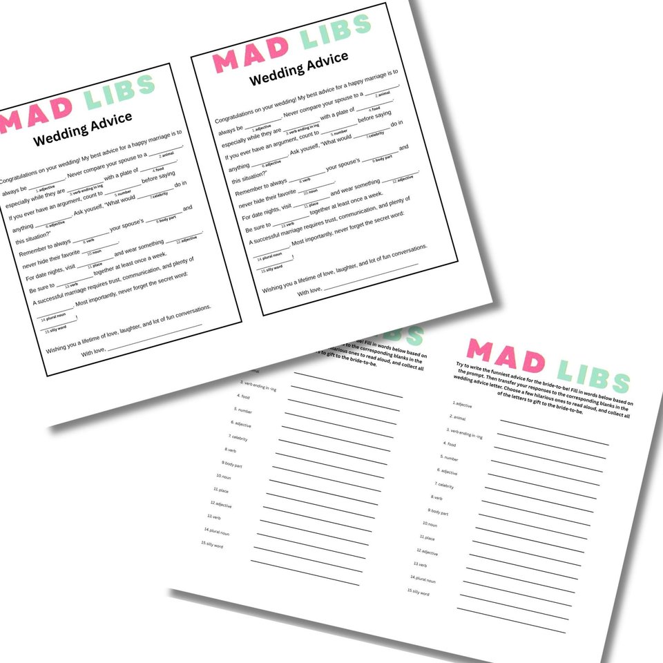 Mad Libs bridal shower game, bachelorette party game, instant pdf download, Funny wedding advice, Family wedding game