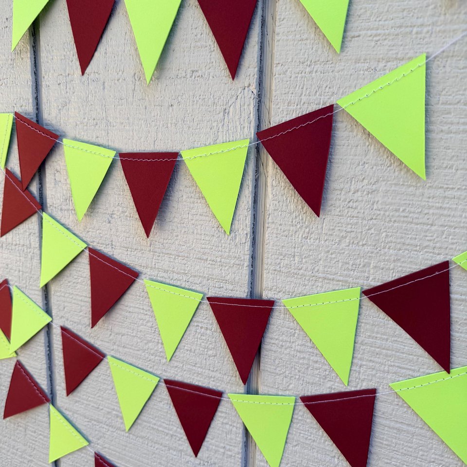 Burgundy and Chartreuse Wedding Decor, Paper Triangle Bunting, Dangling Garland, Trendy Color Wedding Decoration, Reception Tent Decor