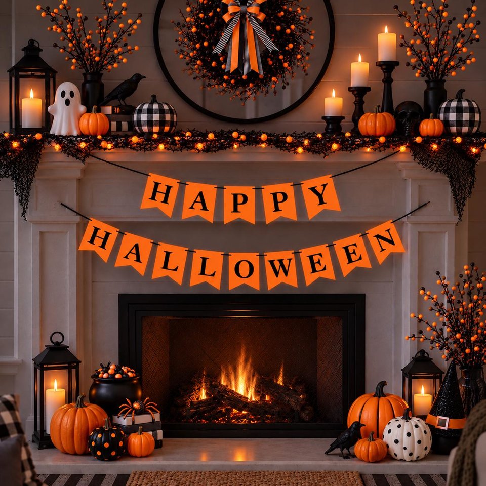 Halloween Banner, Neon Orange UV Reflective Happy Halloween Fireplace Mantel Sign, Halloween Glow Party Decor