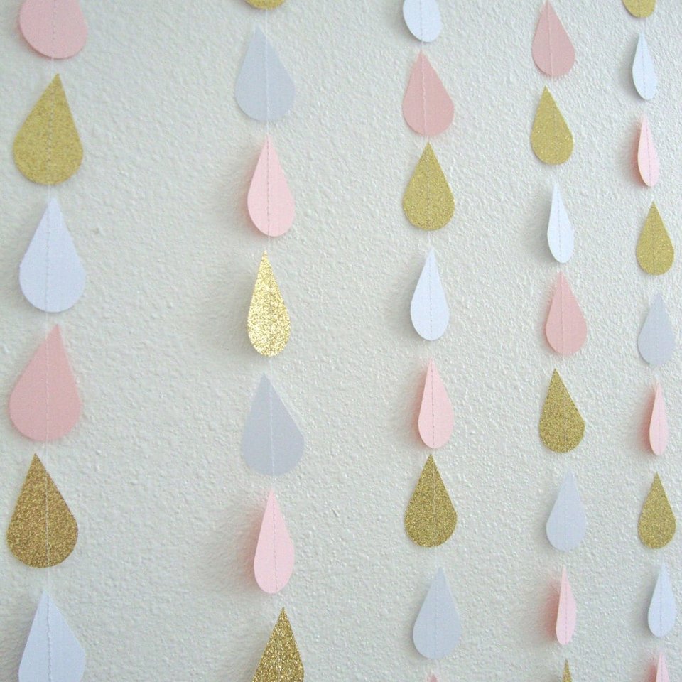 Pink and Gold Raindrop, Baby Sprinkle Garland, Shower Decoration, Glitter Raindrop, Baby Shower Backdrop, Girl Baby Shower Decor, Pink Baby