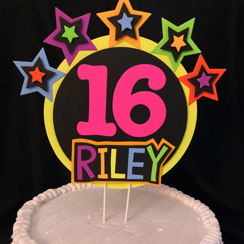 Star-Studded Round Neon Personalized Glowing Cake Topper