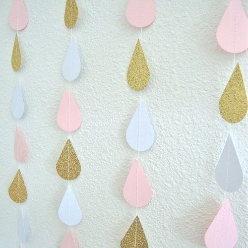 Girl Baby Shower, Baby Shower Decoration, Baby Sprinkle Decor, Blush and Gold Raindrop Garland, Pink Raindrop Bunting, Baby Shower Backdrop