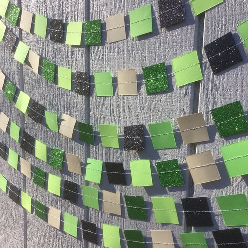 Square Party Garland Decoration with Glitter, Video Game Birthday Decoration, Minecraft Party Garland