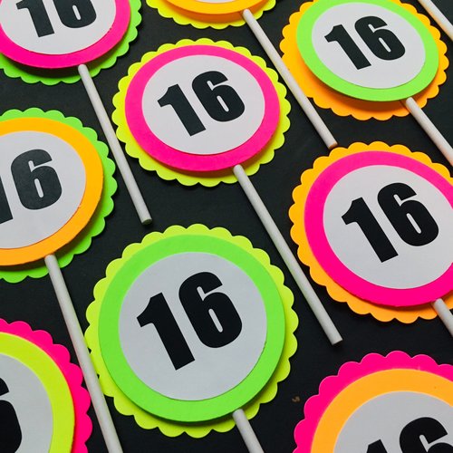 Glow Party Cupcake Toppers, Neon Birthday Party Decor, Fluorescent Black Light Decor, Birthday Number Topper, Sweet 16 Cake, UV Reflective