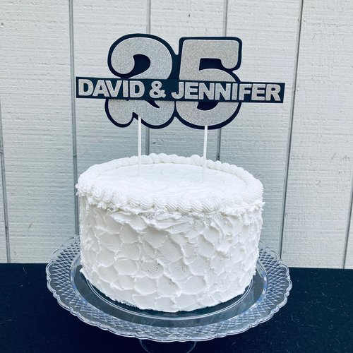 Personalized silver glitter 25th anniversary cake topper, custom name, elegant number 25 decorations, silver wedding celebration decor