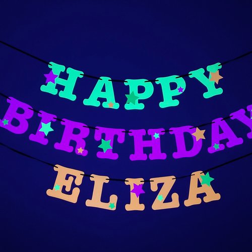 Star Glow Party Birthday Banner, Happy Birthday, Neon sign, UV Reflective Decor, Glow Party Supplies, Sweet 16 Neon Dance, Personalized Sign