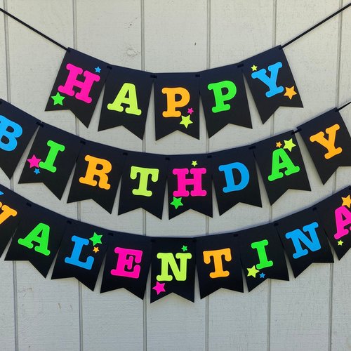 Neon Star Birthday Banner, Glow Party, Personalized Banner, Glow in the Dark Sign, UV Reflective, Black Light Decor, 80s Party, Skate Party