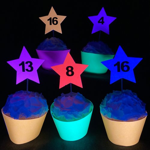 12 Neon Star Cupcake Toppers, Glow in the Dark Decor, Glow Party Supply, Cupcake Decor, Black Light Party, UV Reflective Stars, Age Topper