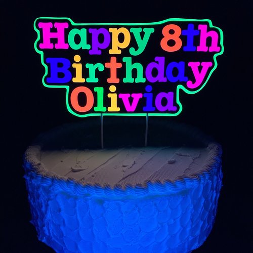 Bright Neon Personalized Glow Birthday Party Cake Topper, Customized Black Light Party Centerpiece, Cake Ornament Decoration, Happy Birthday