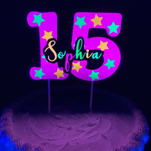 Neon Pink Age Glowing Cake Topper with Script Font Name