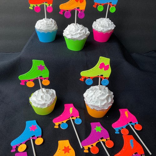 Skate Party Neon Cupcake Toppers, Glow Party Decor, Roller Skate Birthday Celebration, Fluorescent Party Decoration, UV Glow in the Dark