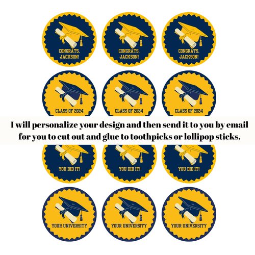University of California Printable Navy and Gold Graduation Cupcake Toppers, DIY Grad Toppers, Personalized Grad Celebration, Blue and Gold