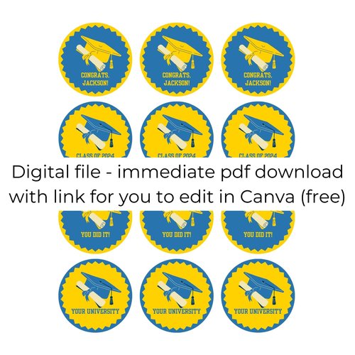 Digital Download Editable Graduation Cupcake Toppers, UCLA Cupcake toppers, UCLA blue and gold colors, DIY Personalized Grad Party Decor