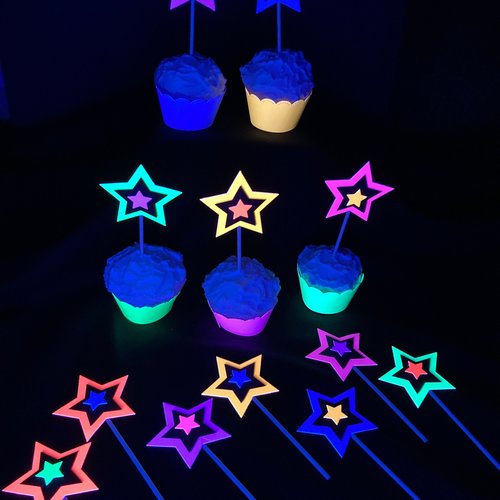 Glow in the Dark Neon Star 12 Cupcake Toppers, Glow Party Supply, Cupcake Decor, Black Light Decoration, Fluorescent UV Reflective Stars