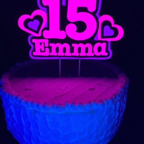 Pink and Purple Heart Neon Glow Party Cake Topper, Quineañera Black Light Party Decor, Personalized Name and Age Birthday Cake Decoration,