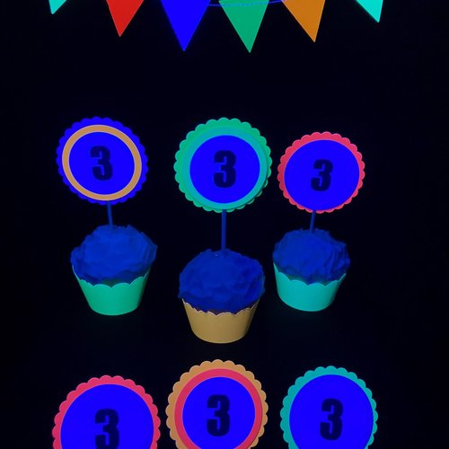 Neon Birthday Cupcake Toppers, Black Light Party Decor, Fluorescent Cupcake Decoration, Birthday Number Topper, UV Reflective, 3rd Birthday