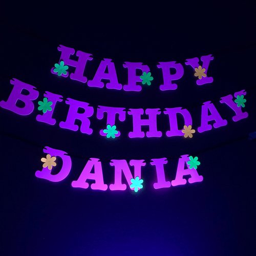 Flower Power Glow Party Birthday Banner, Neon Happy Birthday Sign, UV Reflective Decor, Glow Party Supply, Retro 80s Personalized Sign