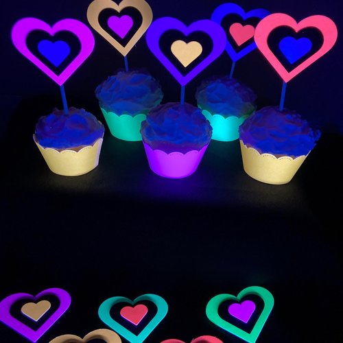 Neon Heart Cupcake Toppers, Glow in the Dark Hearts, Glow Party Supply, Cupcake Decor, Black Light Decoration, Fluorescent UV Reflective