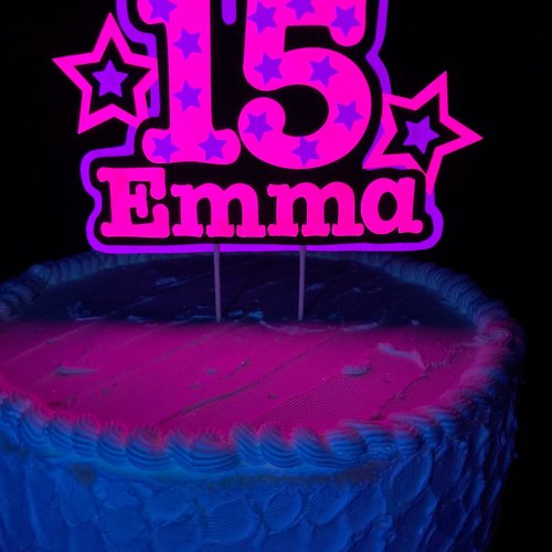 Neon Pink Purple Star Birthday Cake Topper, Quineañera Black Light Celebration Decor, Handmade Personalized Name and Age Cake Centerpiece
