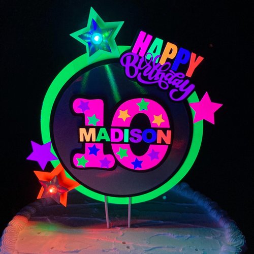LED Lights Glow Party Neon Birthday Cake Topper, Personalized Age and Name Topper, UV Fluorescent Cake Decoration, Star Cake Centerpiece