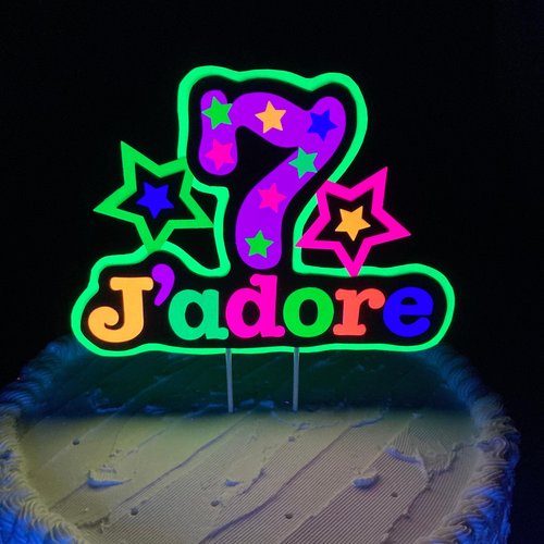 Neon UV Reflective Cake Topper, Personalized Glow Birthday Cake Centerpiece, Name and Age Cake Decor, Glow Party Decorations, 7th Birthday
