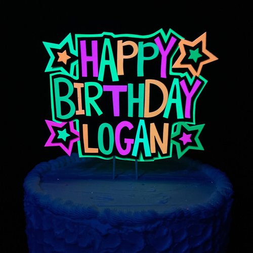 Personalized Neon Happy Birthday Cake Topper, Retro 80s Glow Party Sign, UV Reflective Cake Decoration, Fluorescent Custom Name Centerpiece