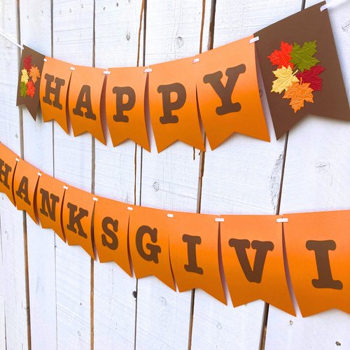 Happy Thanksgiving Banner, Large Thanksgiving Day Sign, Orange and Brown Fall Leaf Wall Decor, Family Gathering Decoration, Autumn Holiday