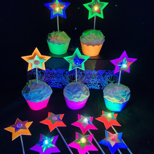 LED flashing star cupcake picks, Glow in the dark star cupcake toppers, UV reflective neon party decorations, Black light birthday decor