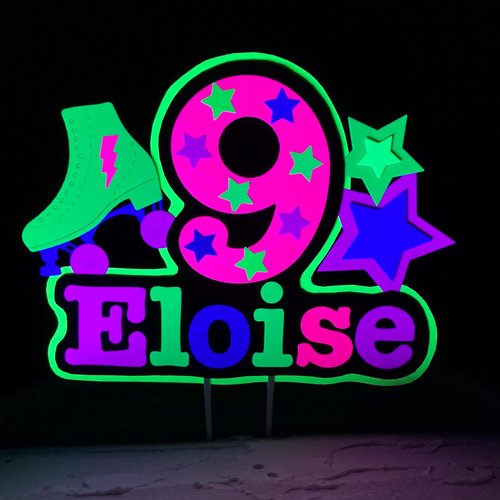 Roller Skate 9th Birthday Party Cake Topper, Neon Cake Decoration, Skate Glow Party Birthday, Personalized Custom Cake Sign, Child Birthday
