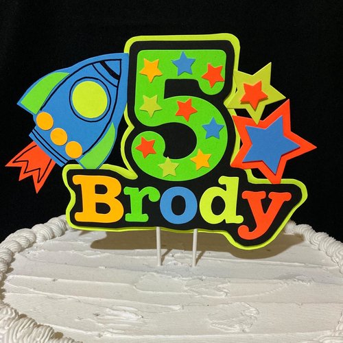 Spaceship Glow Party Kids Cake Topper, Space-theme birthday, Personalized Neon UV Reflective Cake Centerpiece, Black Light Fluorescent Decor
