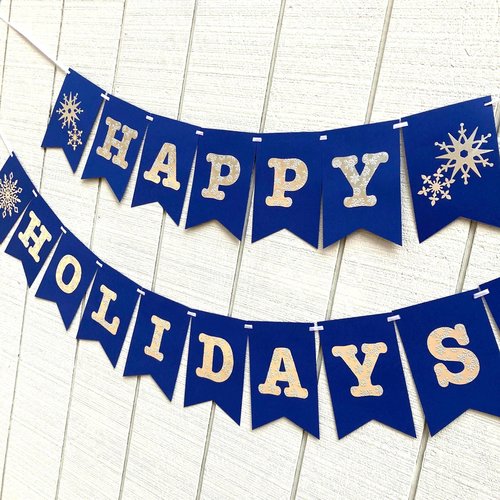 Happy Holidays navy and silver banner, snowflake holiday banner, winter party decor, Christmas mantel decoration, embossed card stock banner