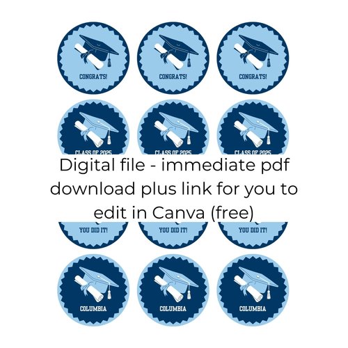 Digital Download Editable Graduation Cupcake Toppers, Personalized Columbia cupcake topper, light blue and navy graduation decor, DIY topper