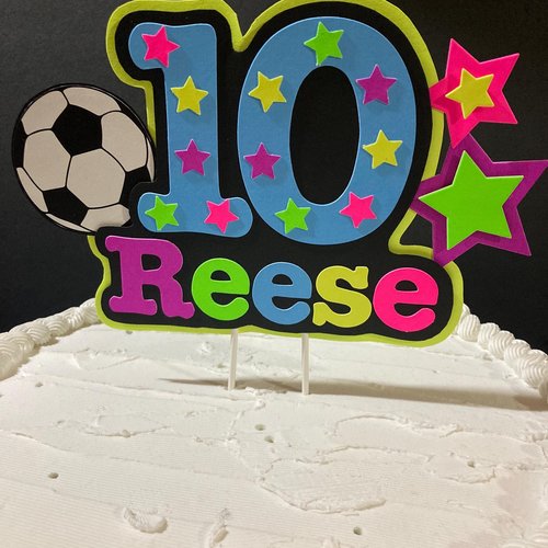 Soccer Birthday Cake Topper, Neon Glow Party Cake Decoration with Name and Age, , Fluorescent Black Light Centerpiece, Sports Birthday Event